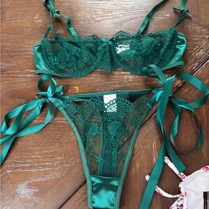 Emerald Green Lace Satin Lingerie Set